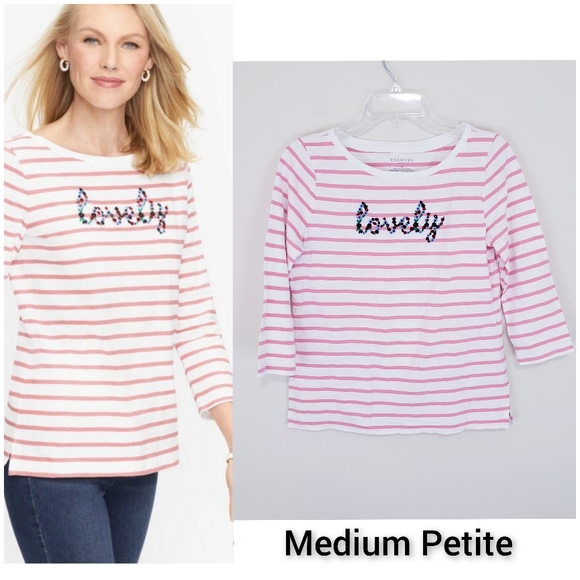 Talbots White Pink Cotton Lovely Floral Embroidery Stripe Tee Top Cruise MP - Picture 2 of 7